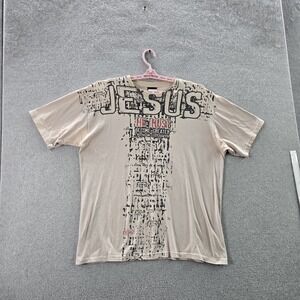 VINTAGE NOTW Men Shirt L Beige Y2K Jesus Not Of This World Short Sleeve